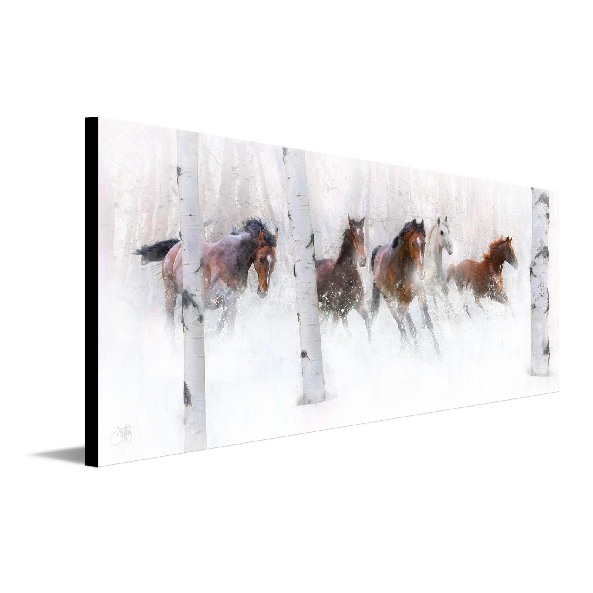 Personalized western decor art print of horses running through a snowy grove of aspen trees- Mounted to Wood Block