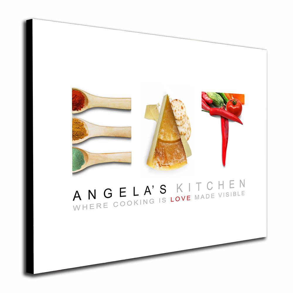 Kitchen culinary wall canvas with images of food to spell the word EAT on a white background - Personal-Prints