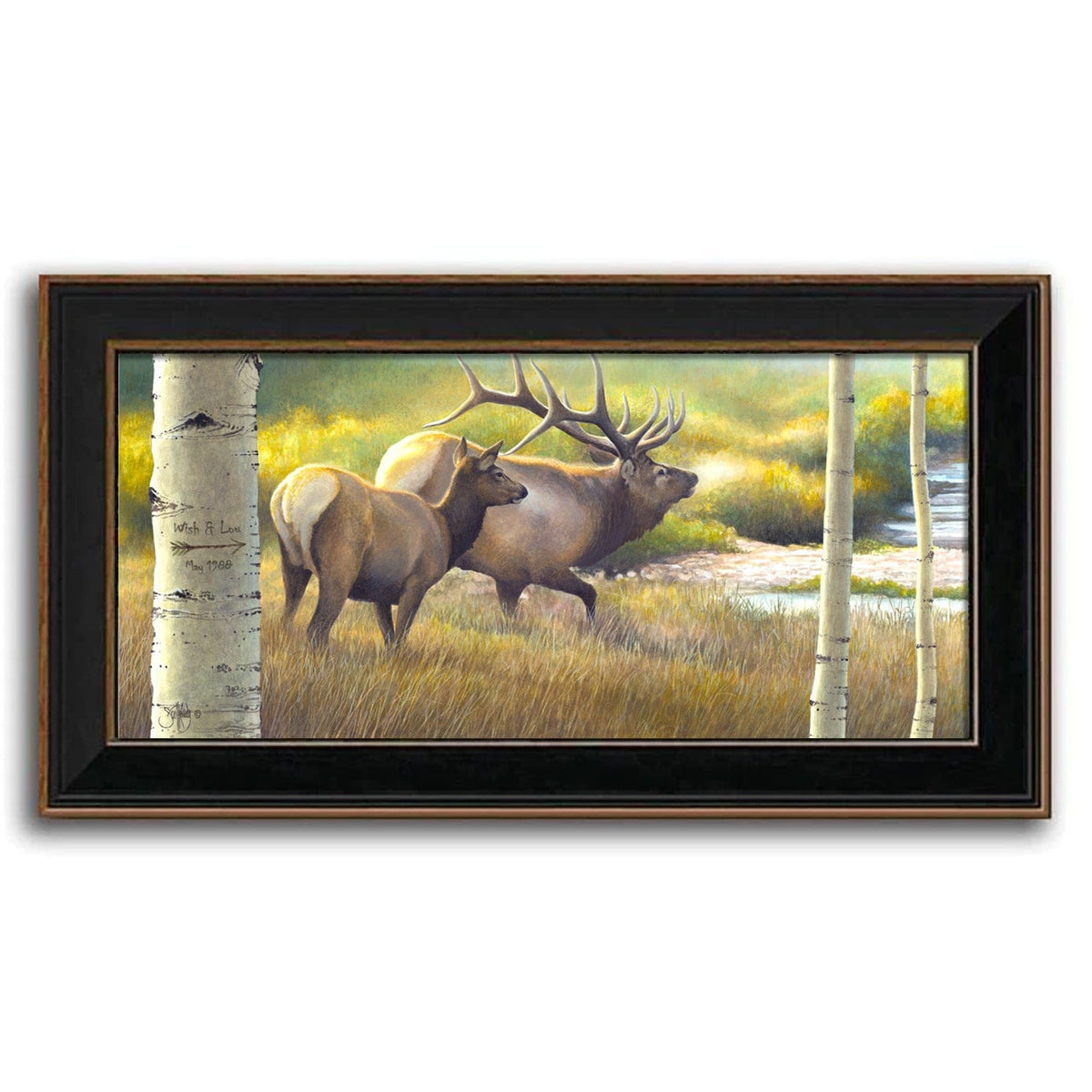 Nature wall decor of two elk in a green field and aspen trees - Personal-Prints