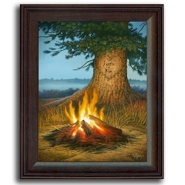 Nature wall decor of a campfire and a tree with your names carved into it - Personal-Prints