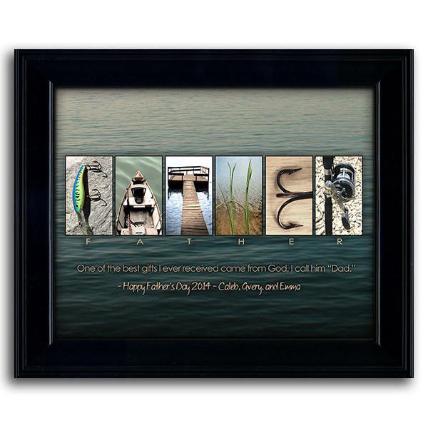 Fish art print with a water background and letters using fishing-themed images to spell the word FATHER - Personal-Prints