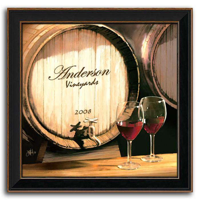 Personalized art of a wine barrel with your name on it and two glasses of wine - Personal-Prints