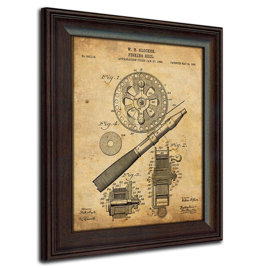 Fishing patent art featuring the original patent for a fishing reel