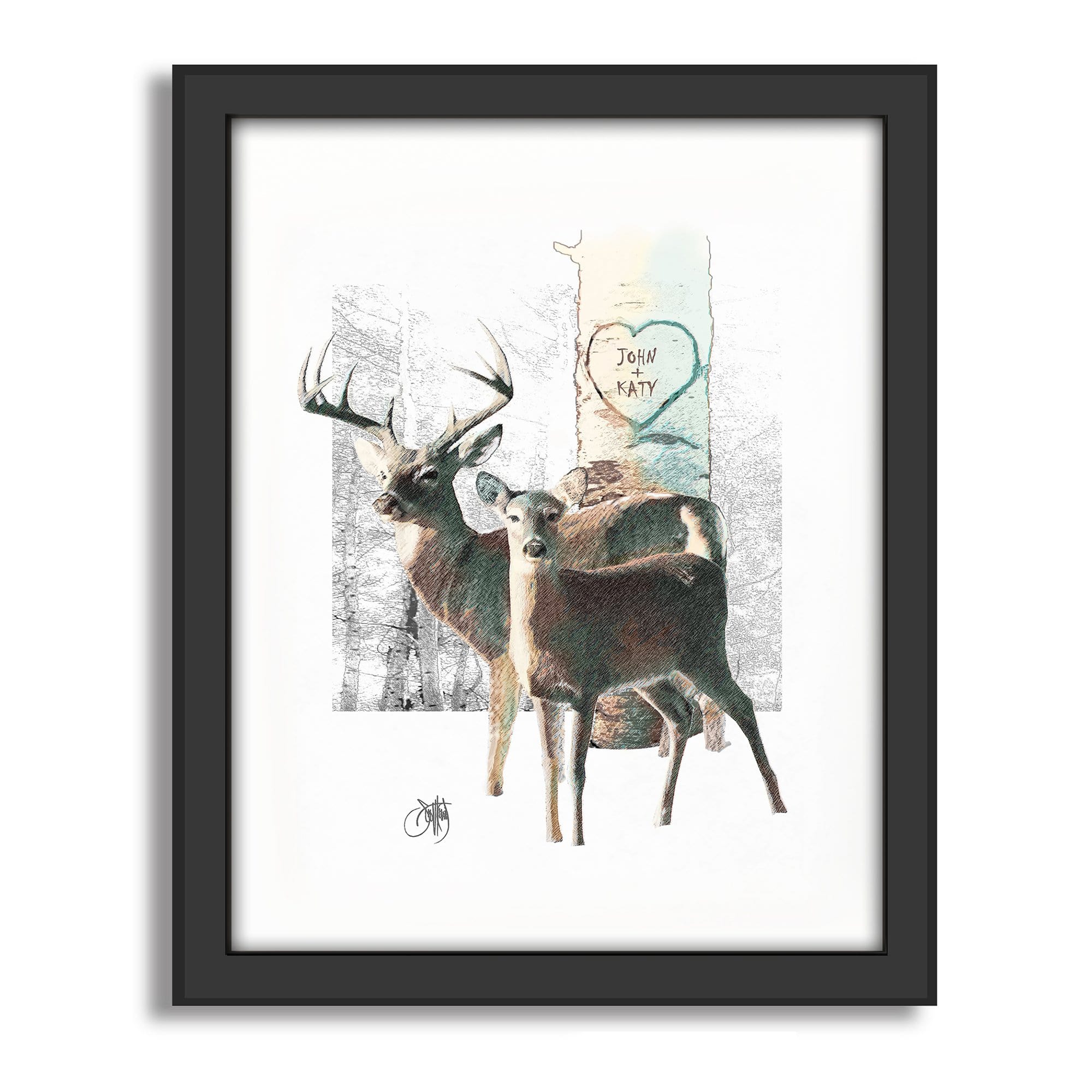 Whitetail Deer Canvas Art - Romantic gift with names in the heart