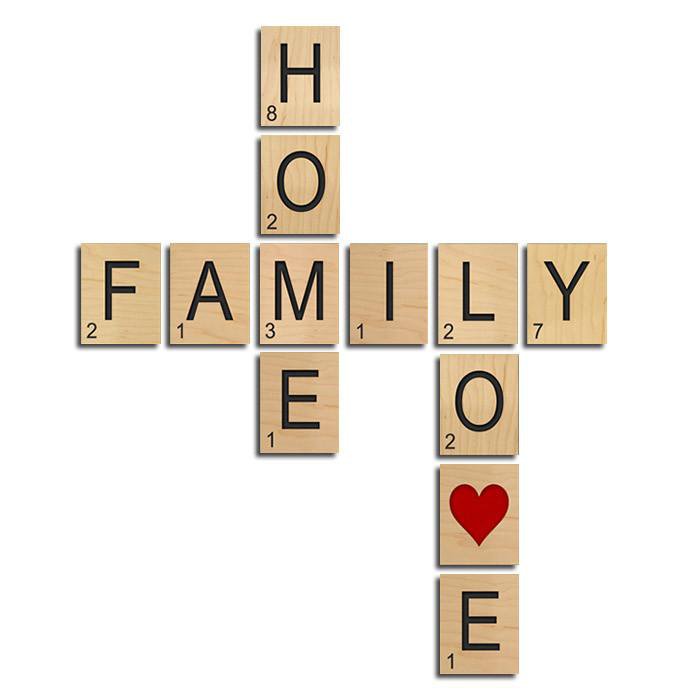 Personalized wall art using block letters to create the words FAMILY, HOME, and LOVE - Personal-Prints
