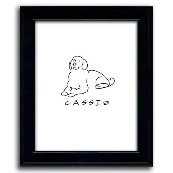 Simple dog line drawing of a Golden Retriever with the pet&#39;s name at the bottom on a white background - Personal-Prints