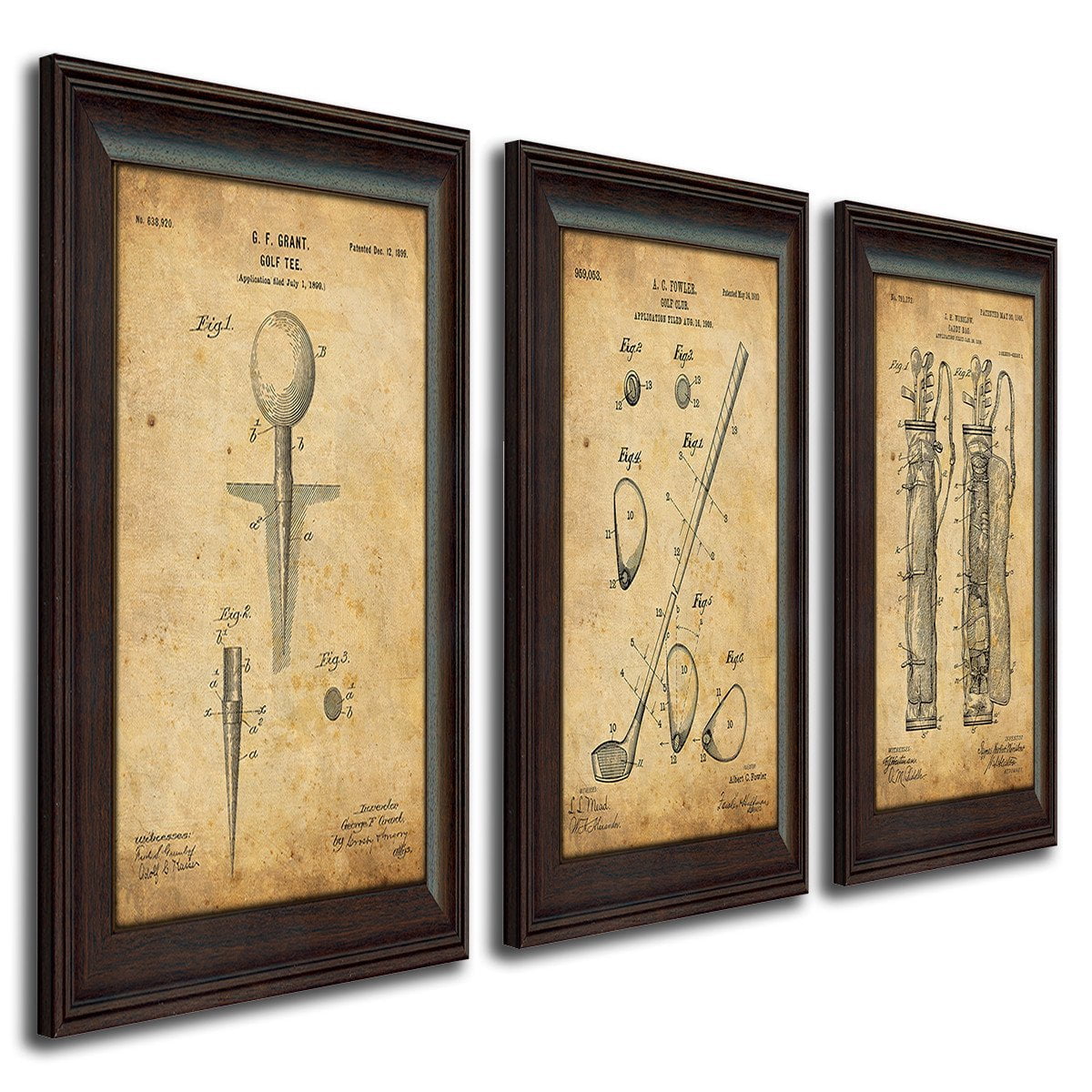 Vintage patent art set of the original patent drawing of a golf tee, club, and golf bag - Personal-Prints