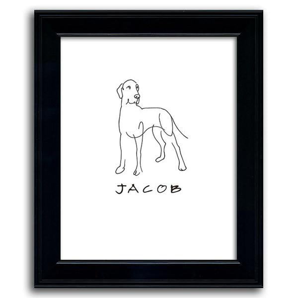 Simple dog line drawing of a Great Dane on a white background and the pet&#39;s name below - Personal-Prints