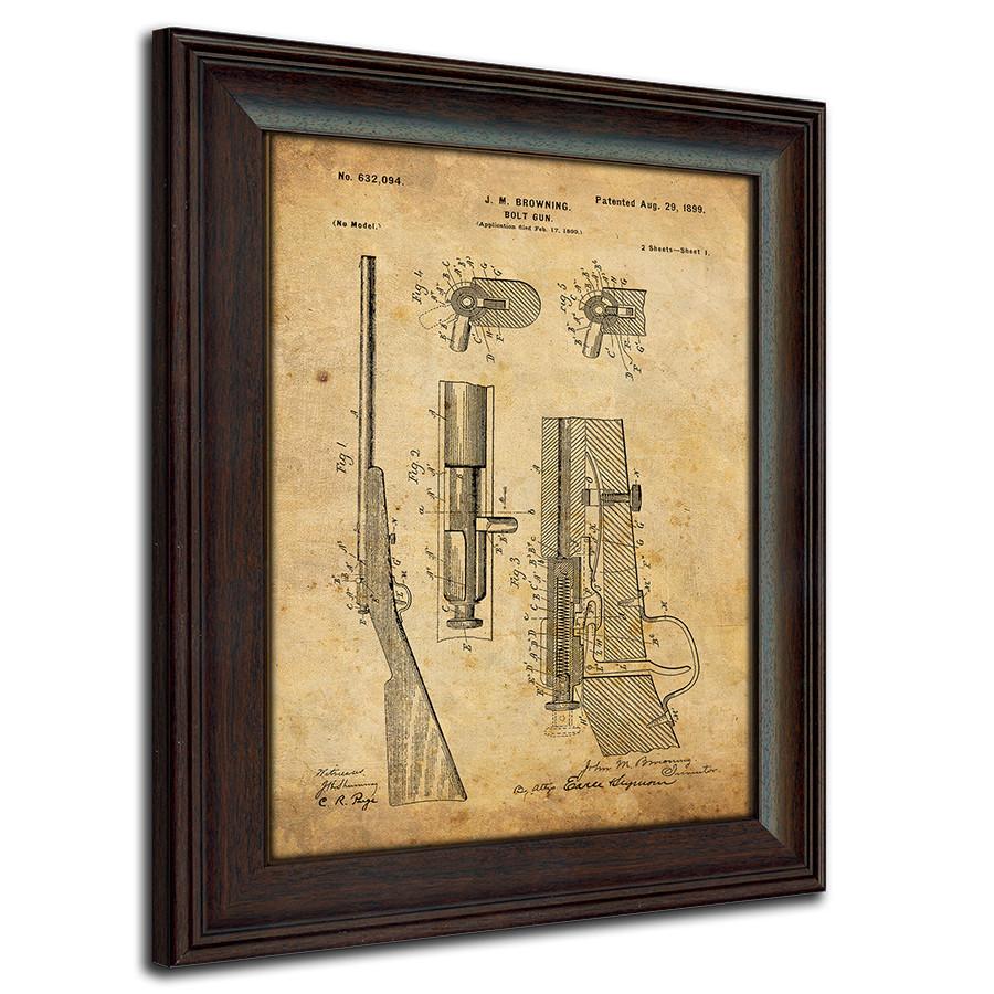 1899 Browning Bolt Gun US Patent art framed under glass