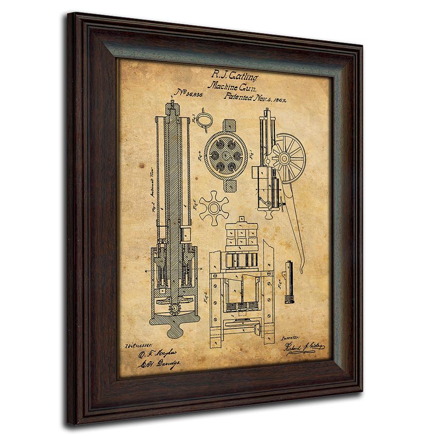 1862 Machine Gun US Patent art framed under glass