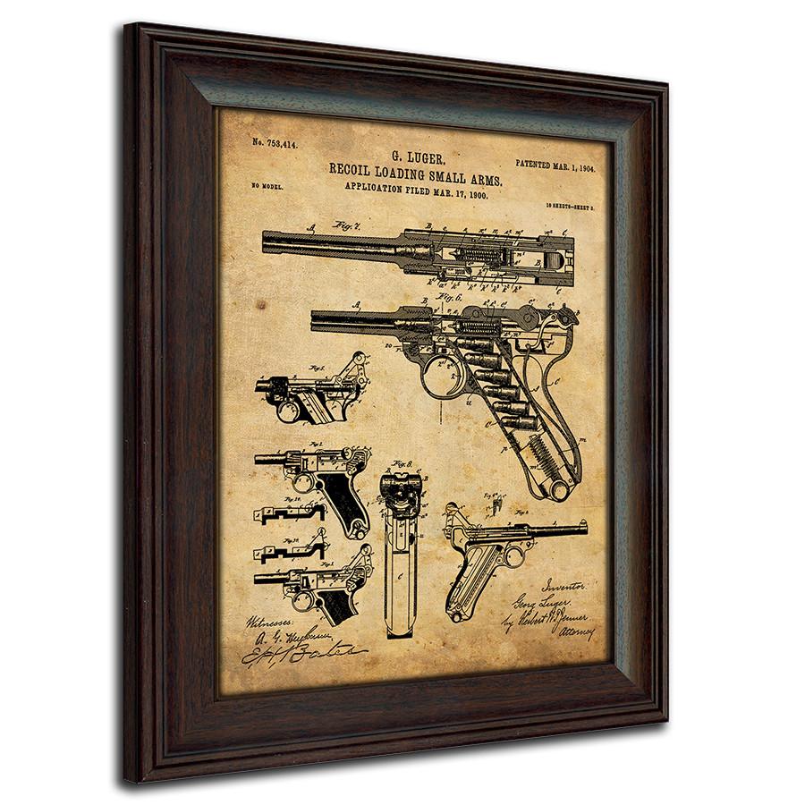 Vintage gun poster of the original patent for a Recoil Loading Small Arms Luger - Personal-Prints