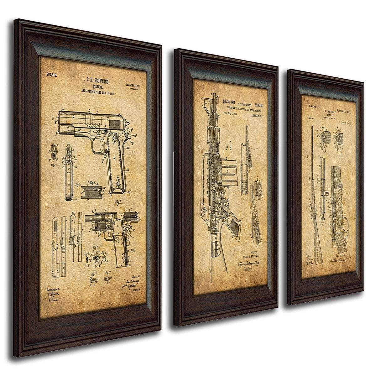 Set of 3 US gun patent prints. 1911, M16 and bolt gun set.