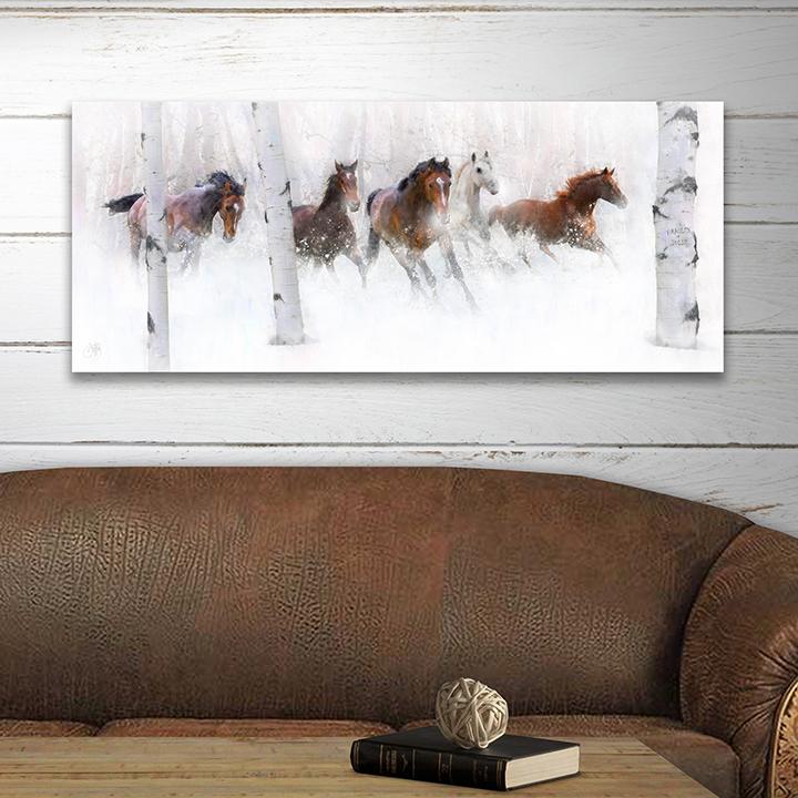 Personalized art print of horses running through a snowy grove of aspen trees- Western Lifestyle