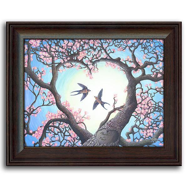 Nature wall decor of two branches that create a heart with two birds flying in the middle - Personal-Prints