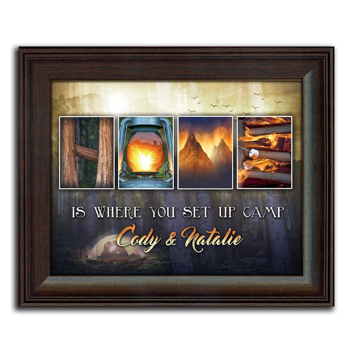 This camping-themed framed art piece uses photographs to spell the word HOME - Personal-Prints