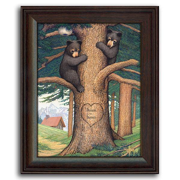 Animal art print featuring two black bears looking for honey in a tree - Personal-Prints