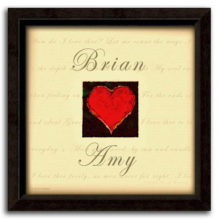 Romantic love print with a red heart, yellow background with a quote, and your names - Framed Canvas