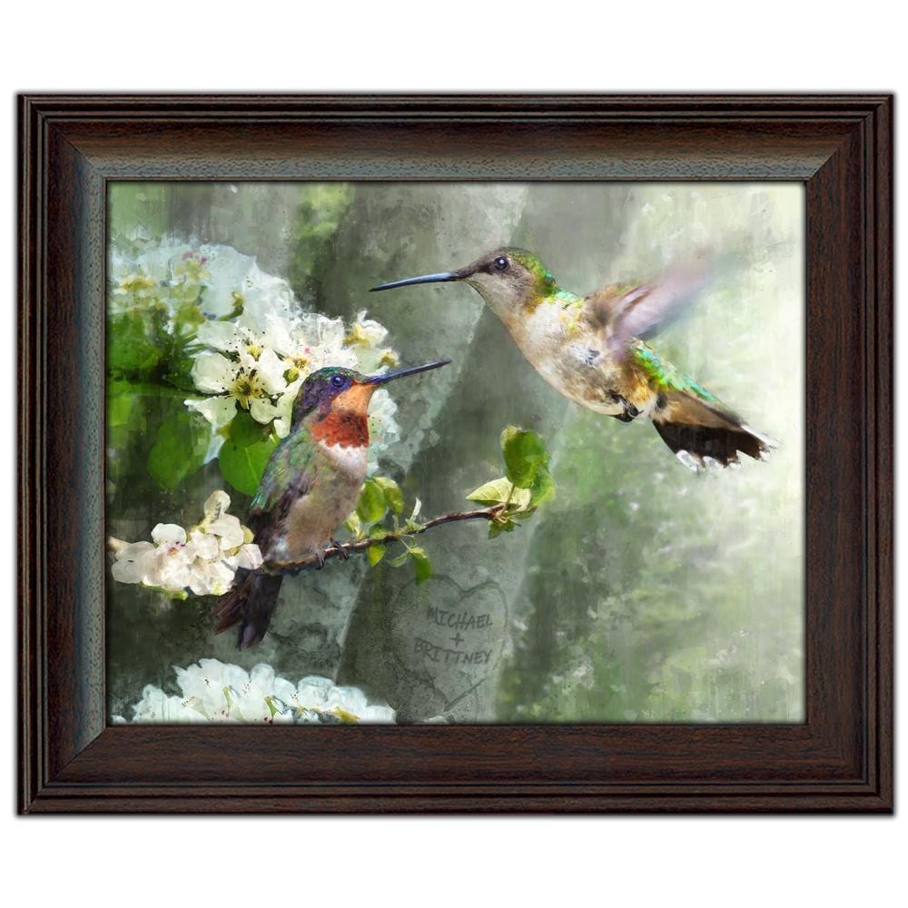 Hummingbird art, budding trees and your personalized names in the heart