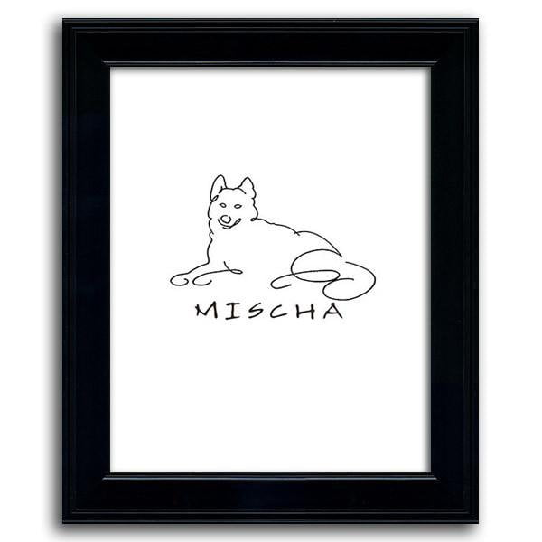 Simple black and white dog Picasso Style line drawing of a Husky and the pet&#39;s name below - Personal-Prints