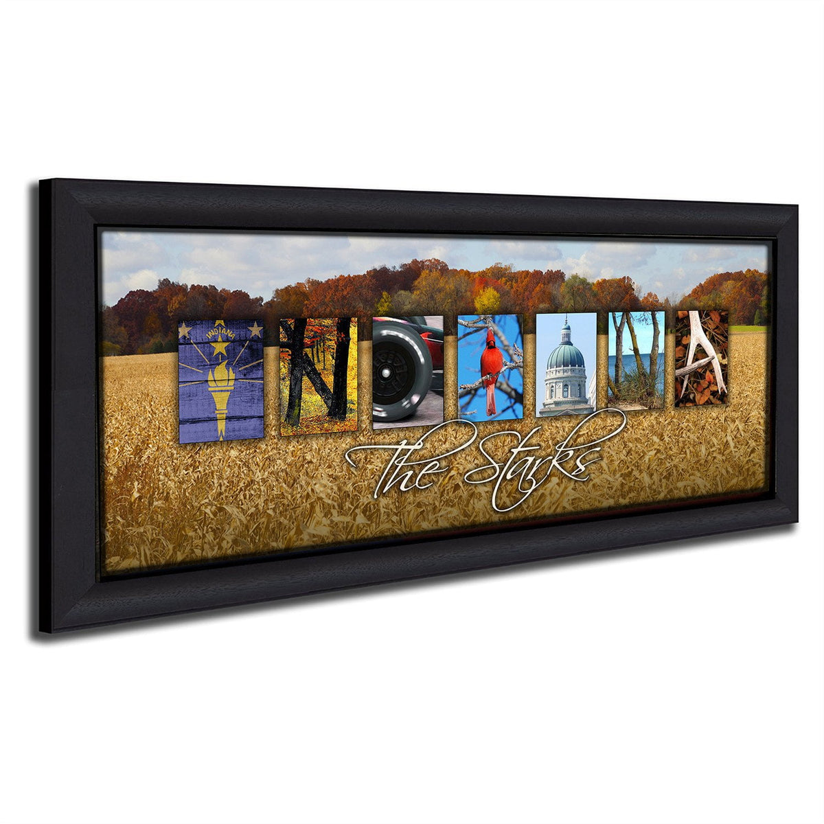 Indiana art using photographs from around the state to spell the word Indiana - Framed Canvas
