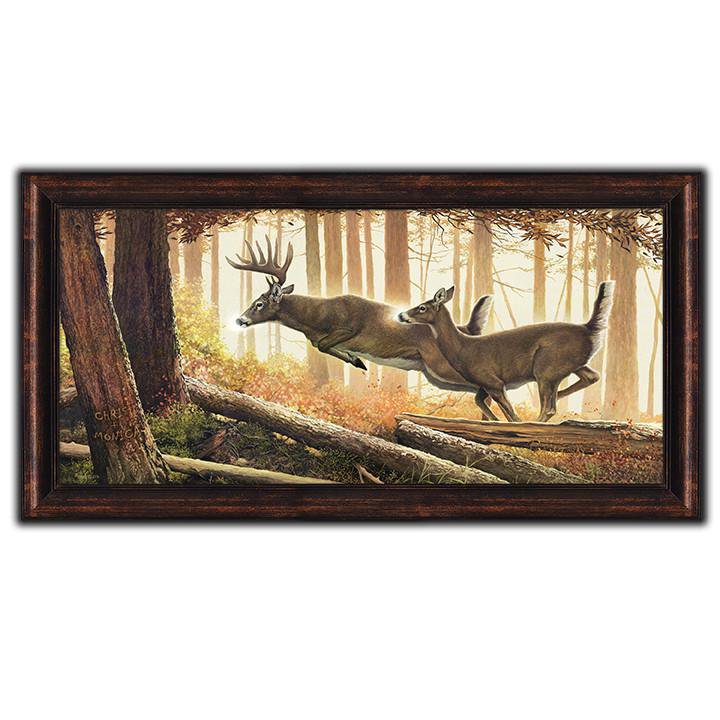 Whitetail deer painting of two deer jumping over fallen branches in the forest - Personal-Prints
