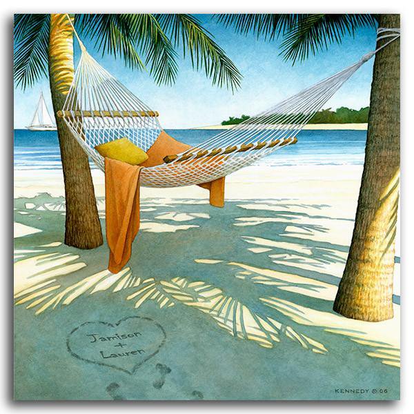 Framed coastal art painting of a hammock on the beach- Block Mount option