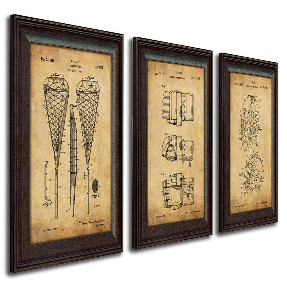 lacrosse us patent art - set of 3 framed lacrosse sports art prints