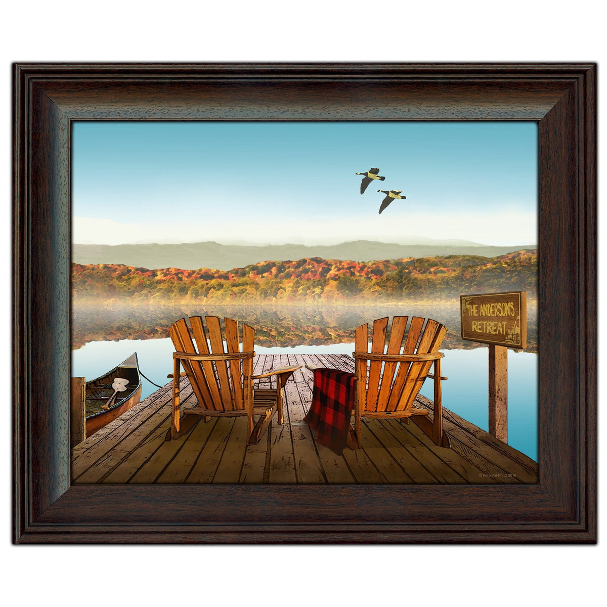 Lodge Decor art of a lake dock with two chairs and a canoe- Personal-Prints