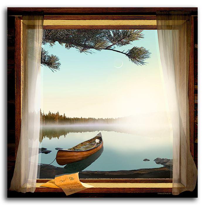 Lake cabin decor of a window, canoe, and the sunrise - Personal-Prints