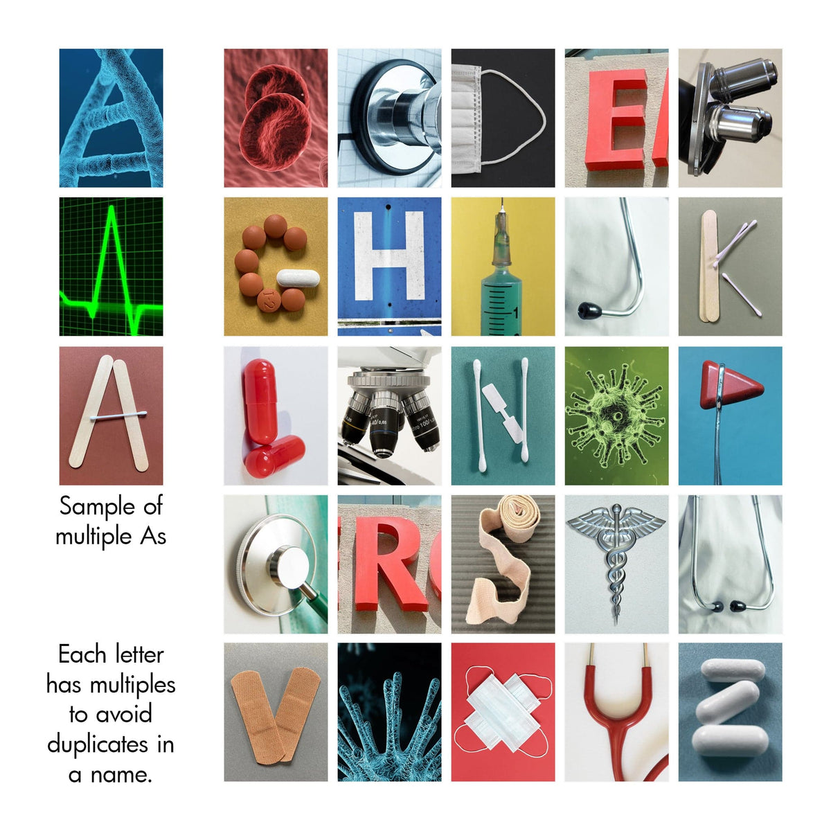 Medical photography alphabet for gift personalization from Personal Prints