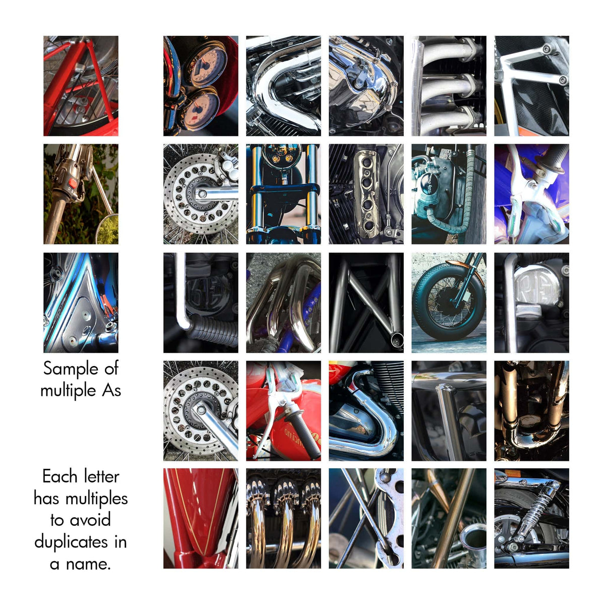 Motorcycle photography alphabet to create your personalized gift from Personal Prints