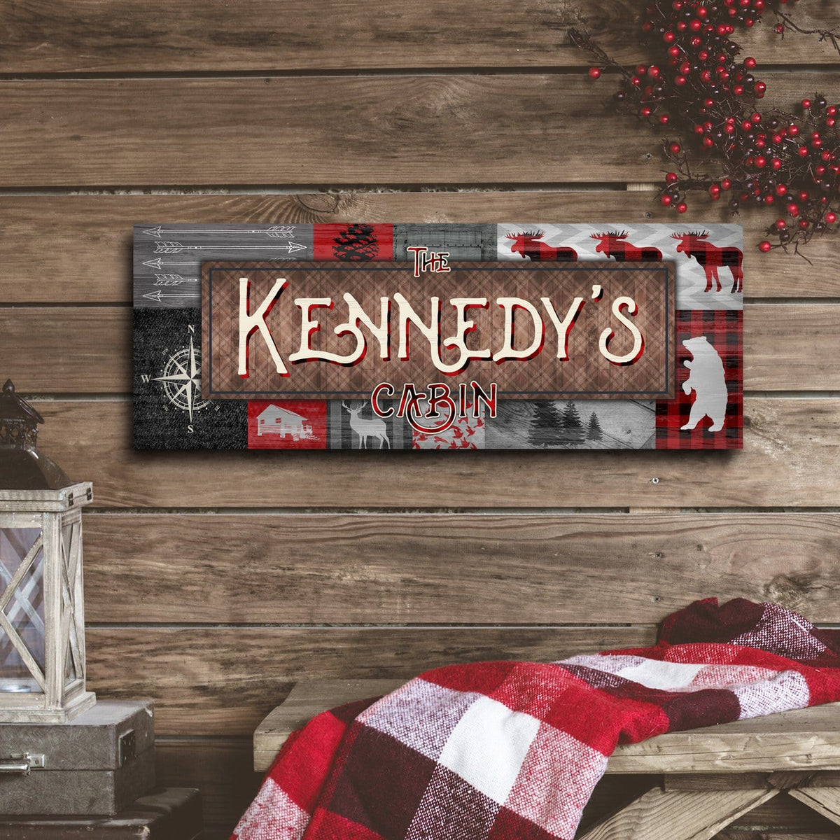 Personalized Buffalo Plaid themed cabin sign with outdoor patterns of moose, deer, and bears- lifestyle