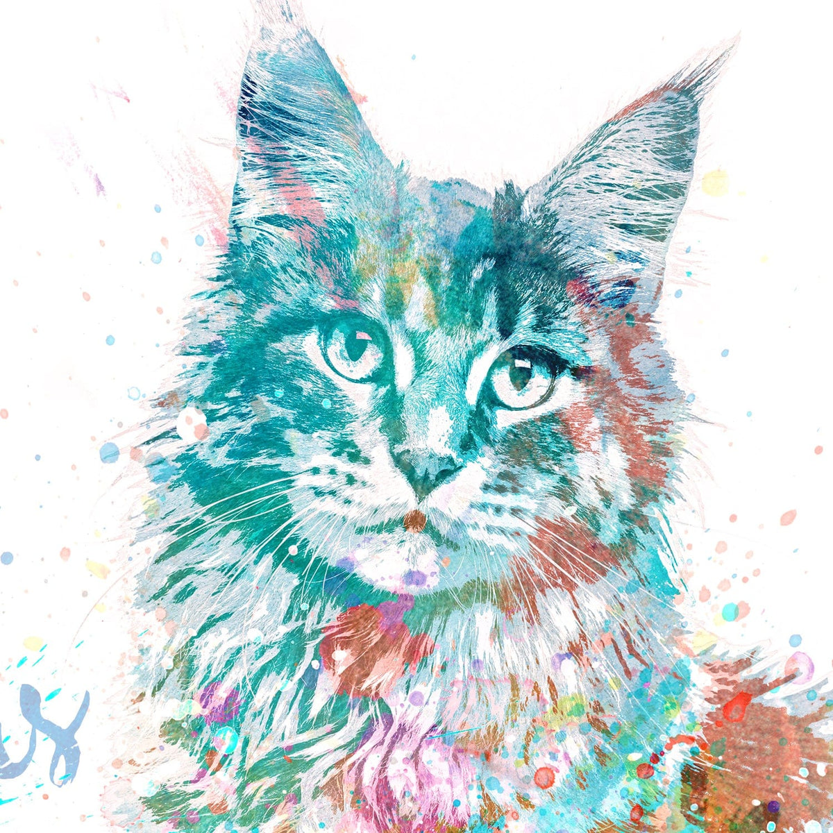 Main Coon Cat Watercolor Pet Portrait detail of art