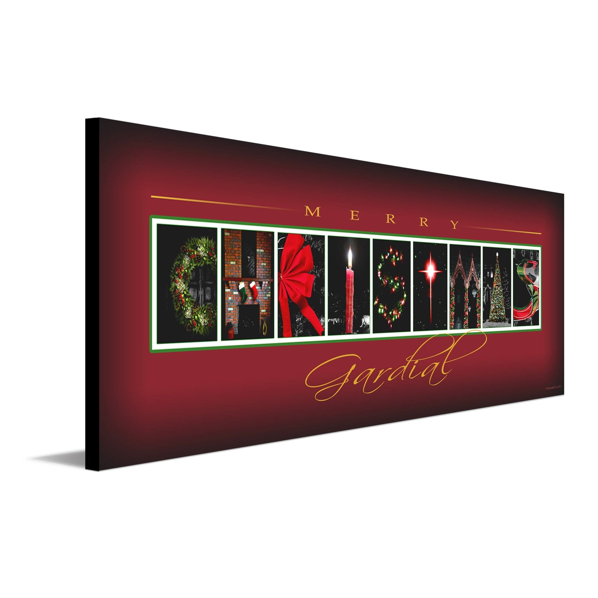 Christmas framed art using themed photographs to spell the word Christmas - Personal-Prints