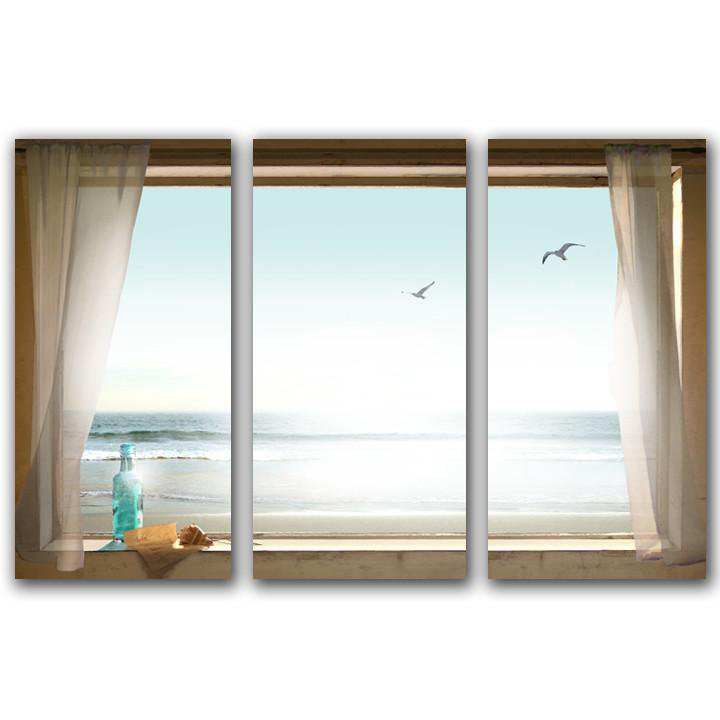 Seascape print using three separate panels to create an image of a window with sea scene - Personal-Prints