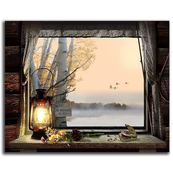 Framed lake art of a window looking out at trees and a coast - Personal-Prints