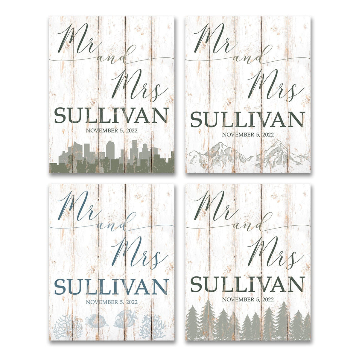 Personalized wedding signs - city, mountains, beach or trees