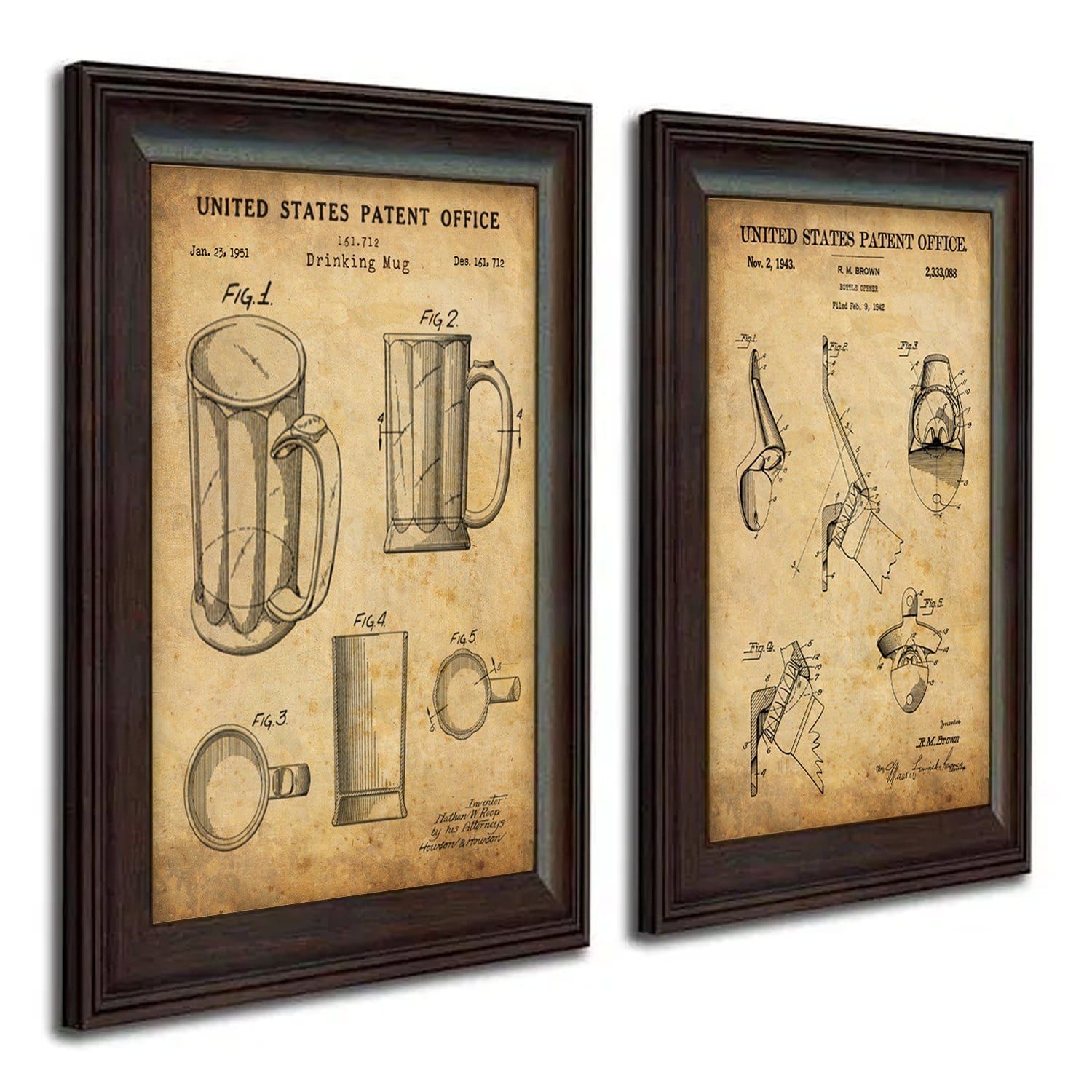 Set of 2 Beer lover gifts - US Patent art for beer mug and bottle opener