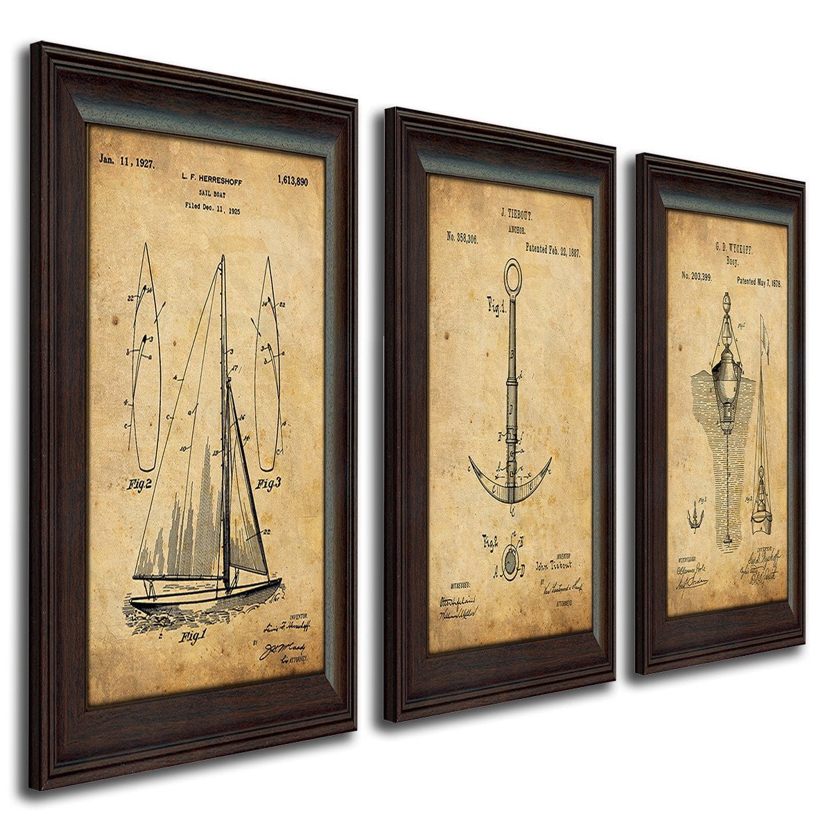 Set of 3 Nautical US Patent Drawing Art Prints - Sailboat, Anchor, Buoy 