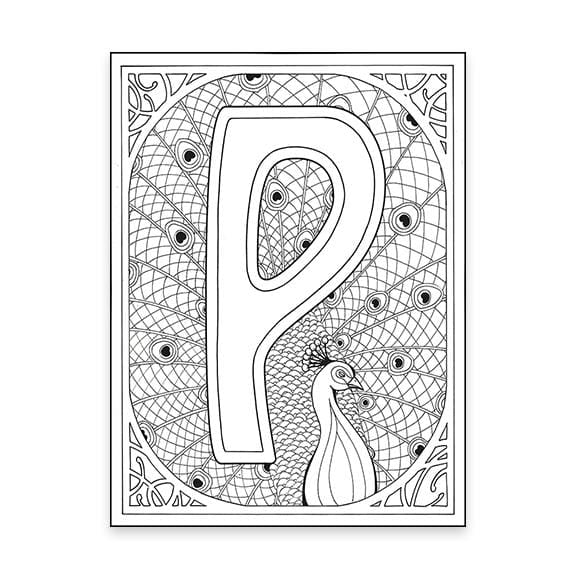 P Monogram Peacock coloring page