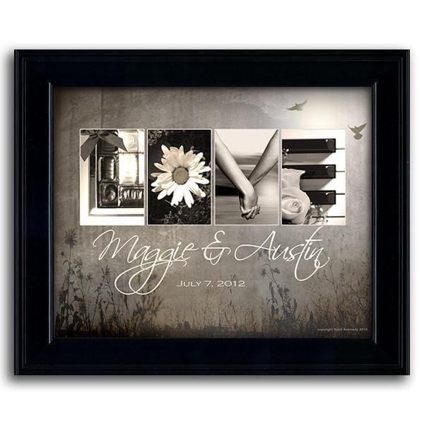 Framed art painting that uses photographs to spell the word Love - Personal-Prints