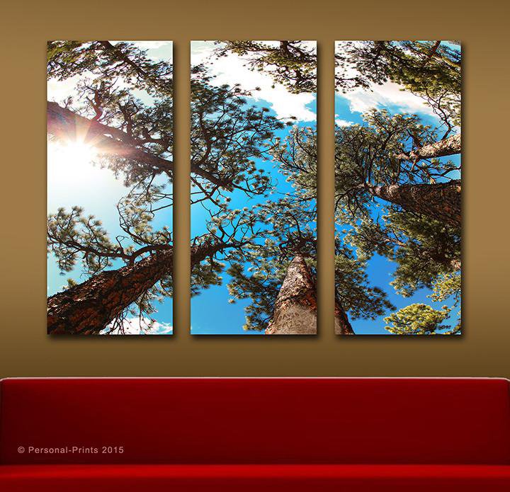 3 art panels Pine Tree Landscape - in room view
