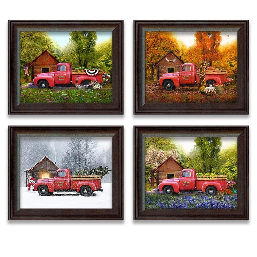 Set of 4 framed red truck prints - Personalized decor for each season