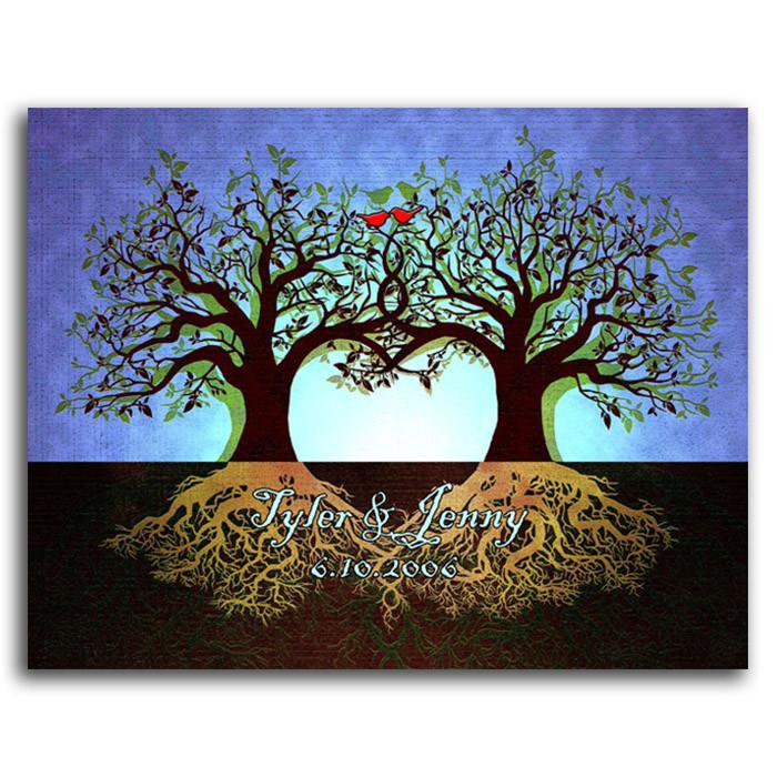 Romantic contemporary art with two red birds, a heart formed by trees and your personalized names