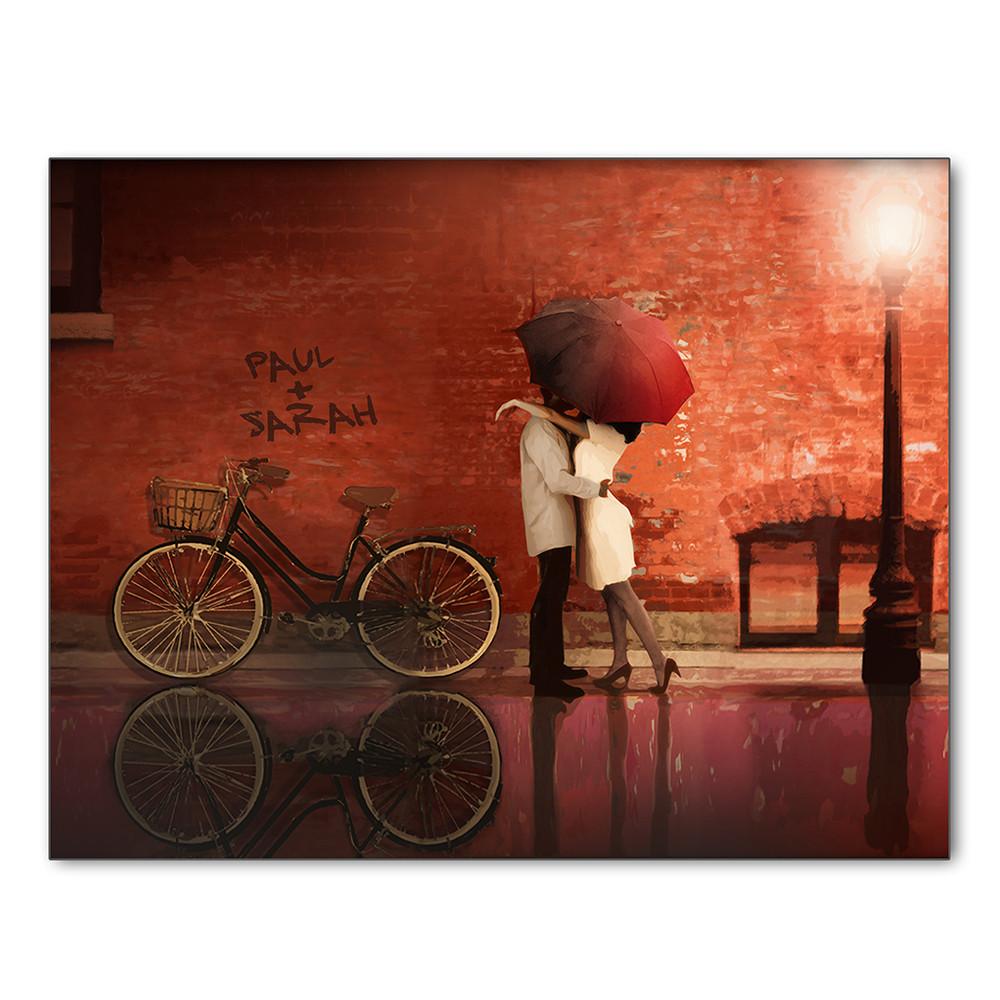 Personalized art of a couple next to a red brick wall and bike - Personal-Prints