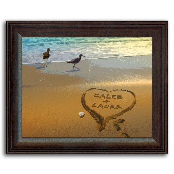 Personalized beach scene on canvas with heart drawn in the sand - Personal-Prints