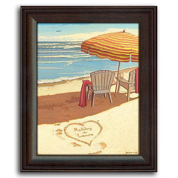 Personalized framed beach picture of chairs, beach umbrella, and heart in the sand - Personal-Prints