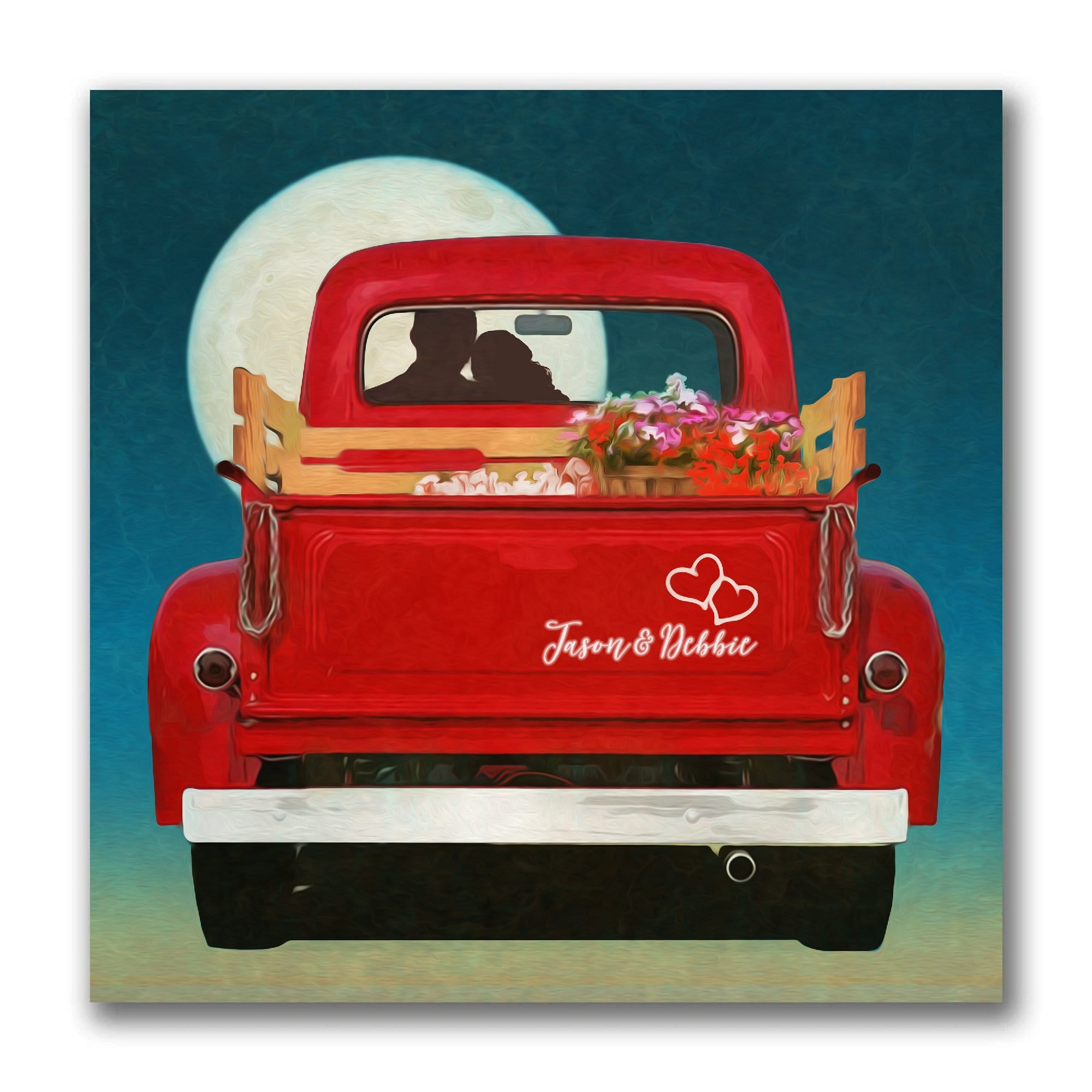 Romantic personalized art of red truck, a full moon, silhouettes of a couple and your personalization