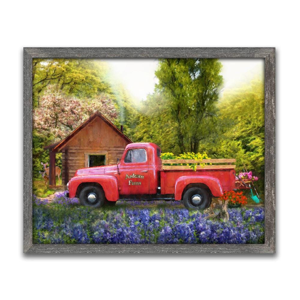 Framed canvas art of red truck and spring flowers personalized for you