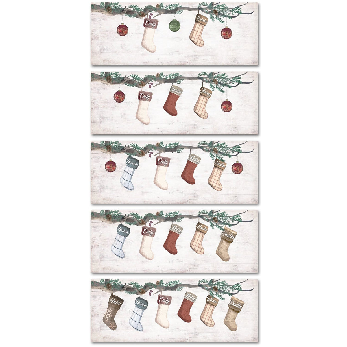 2-6 stockings shown as a wood block mount